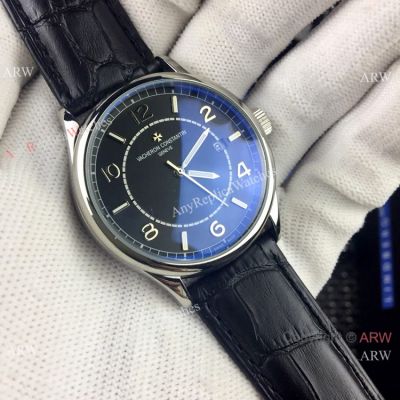 Buy Knockoff Vacheron Constantin Geneve Watch Black Dial Black Leather Band